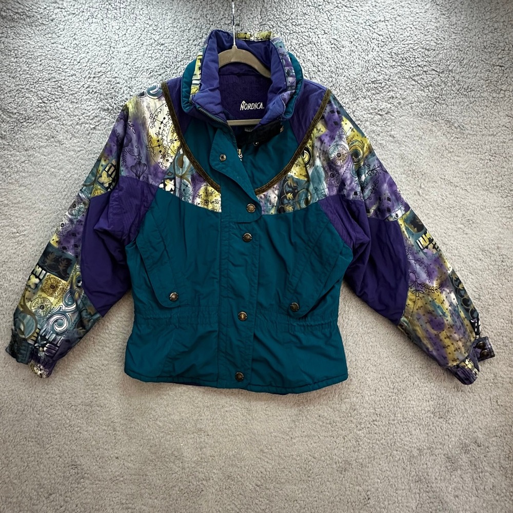 VTG Nordica Altia Ski Jacket Womens 10 Teal Purple Abstract Print Insulated